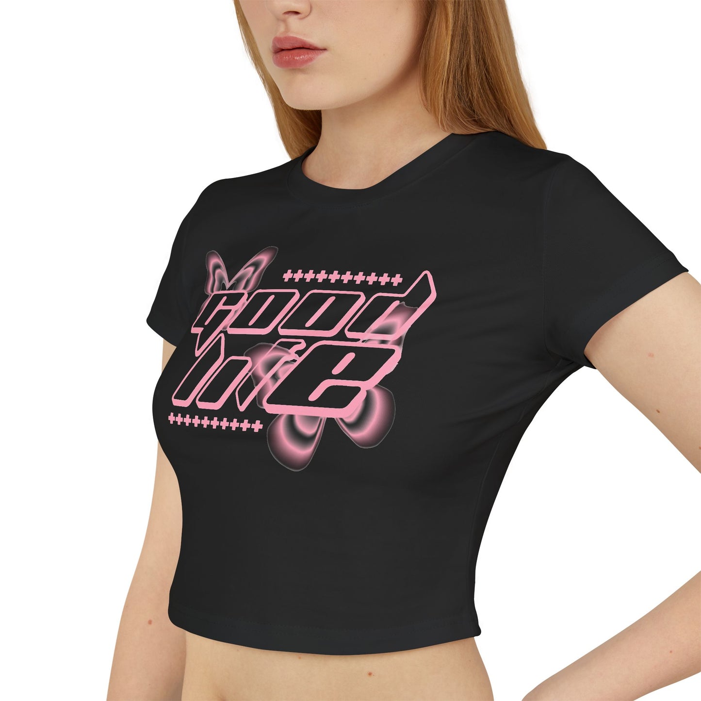 Trendy Women's Baby Tee with Pink Butterfly Design, Cute Summer Top, Casual Tee, Gift for Her, Streetwear Outfit