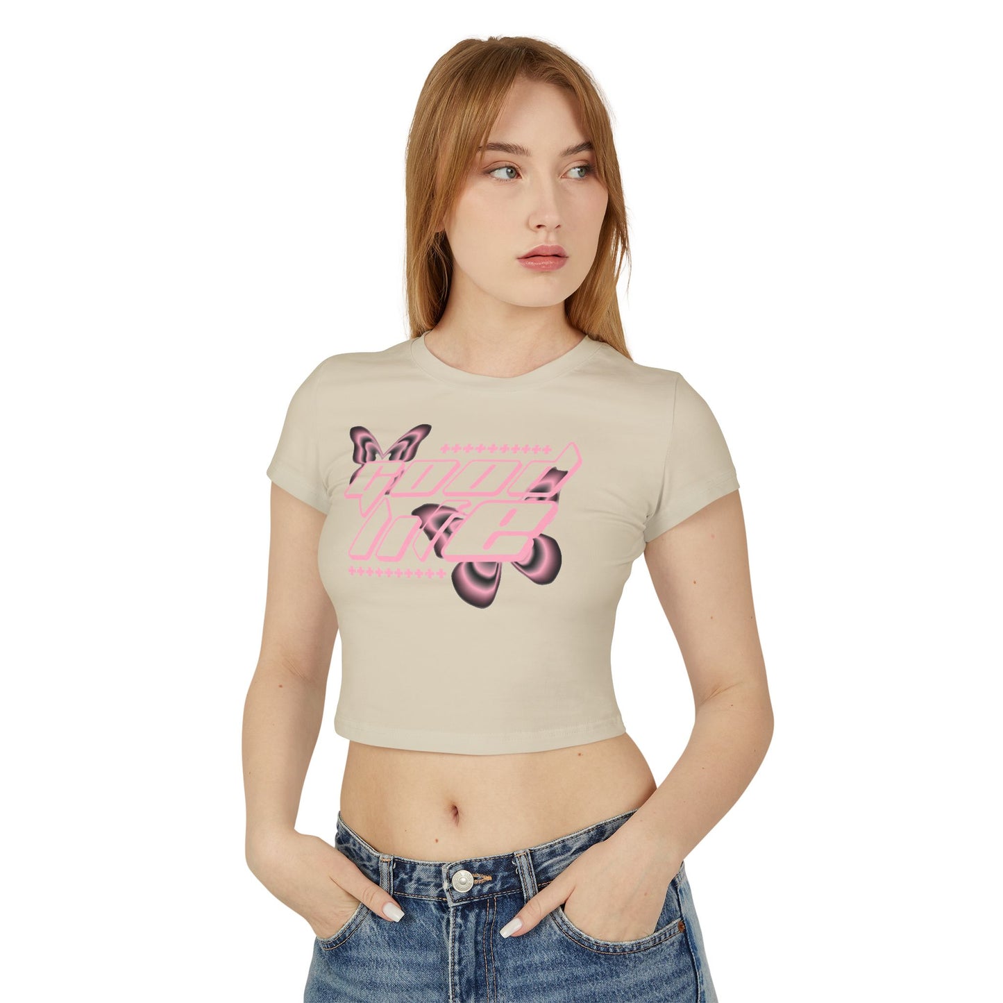 Trendy Women's Baby Tee with Pink Butterfly Design, Cute Summer Top, Casual Tee, Gift for Her, Streetwear Outfit