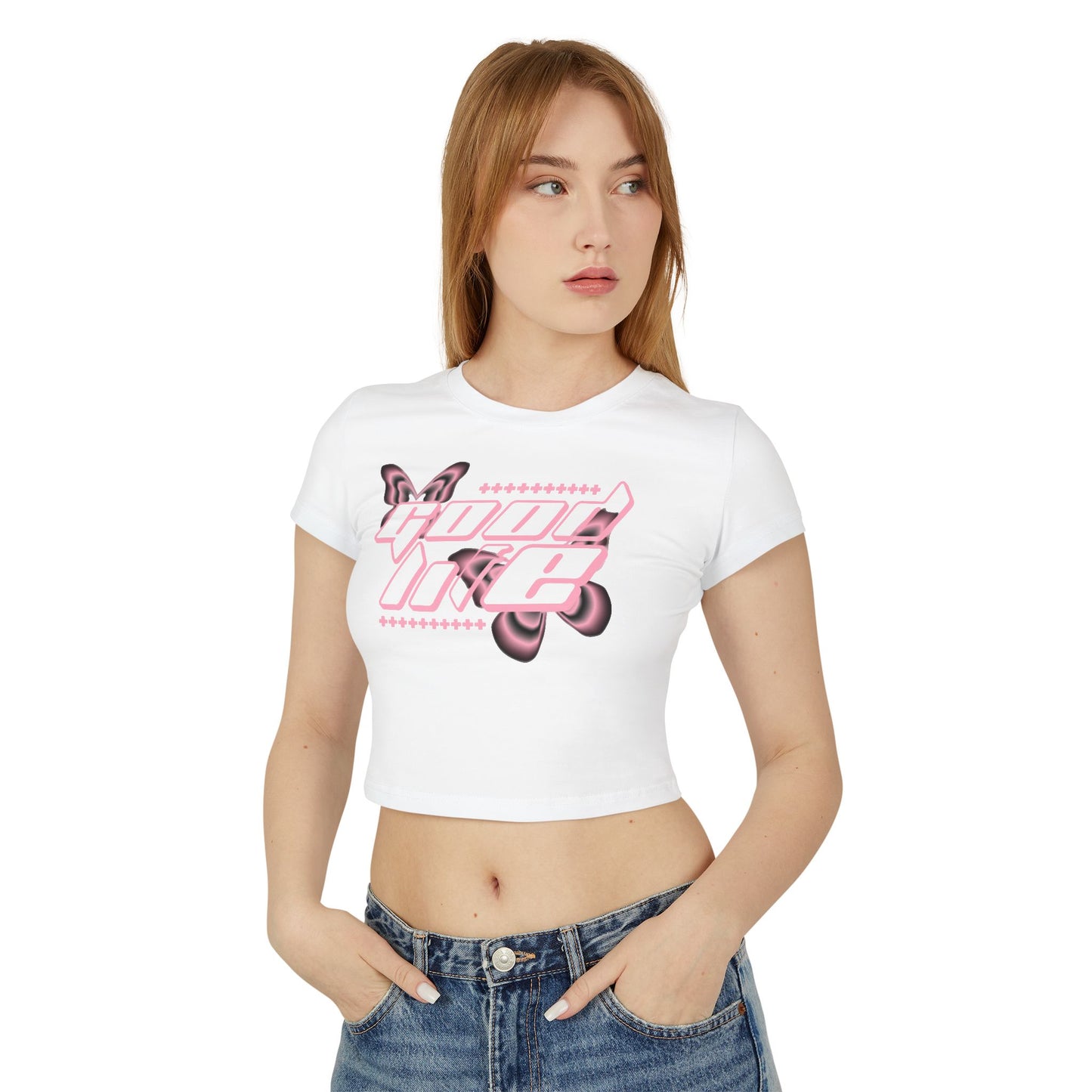 Trendy Women's Baby Tee with Pink Butterfly Design, Cute Summer Top, Casual Tee, Gift for Her, Streetwear Outfit