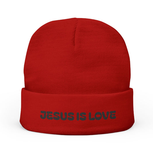 Red Knit Beanie with 'Jesus Is Love' Embroidery | Cozy Holiday Gift, Winter Wear, Christian Apparel, Faith Hat, Casual Beanie