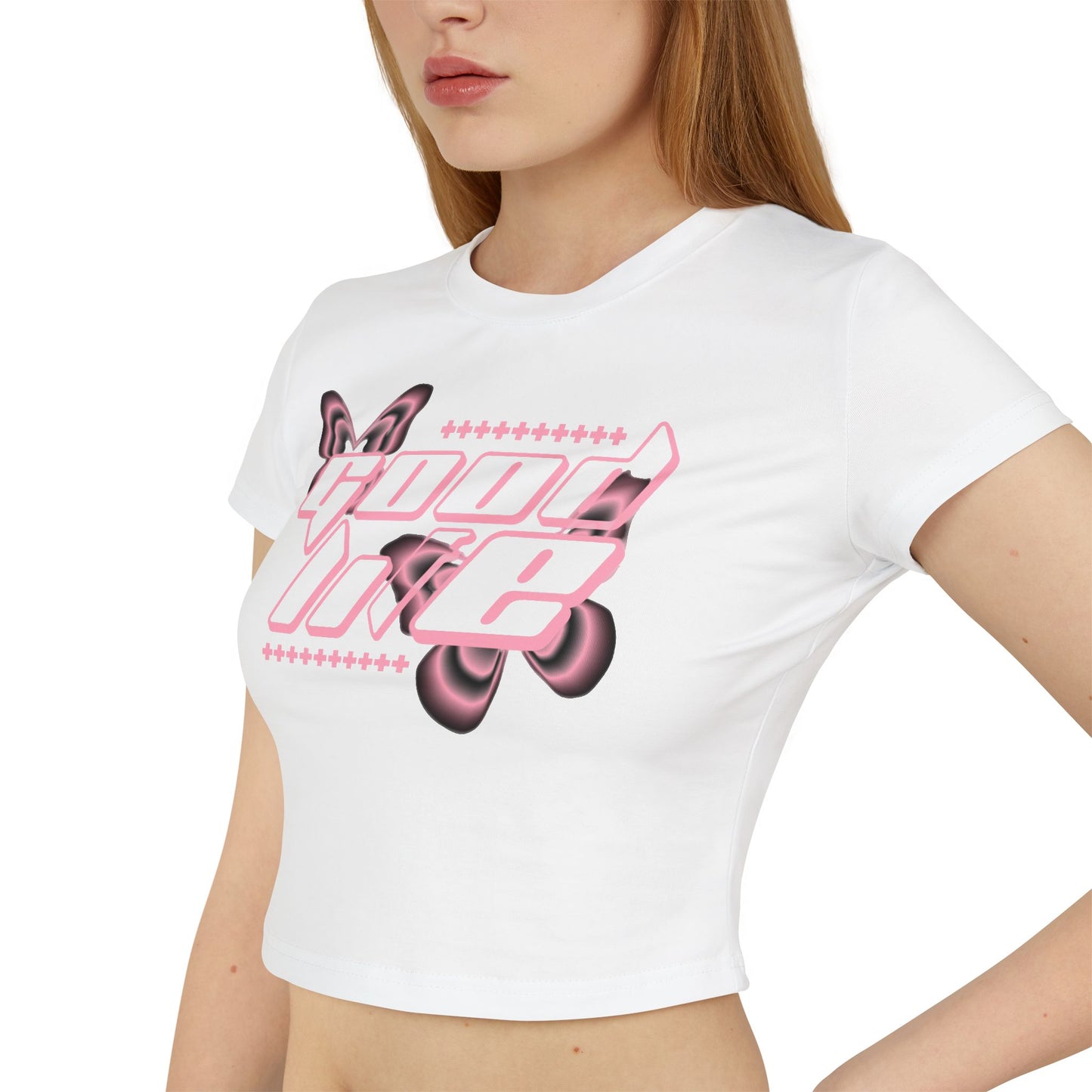 Trendy Women's Baby Tee with Pink Butterfly Design, Cute Summer Top, Casual Tee, Gift for Her, Streetwear Outfit