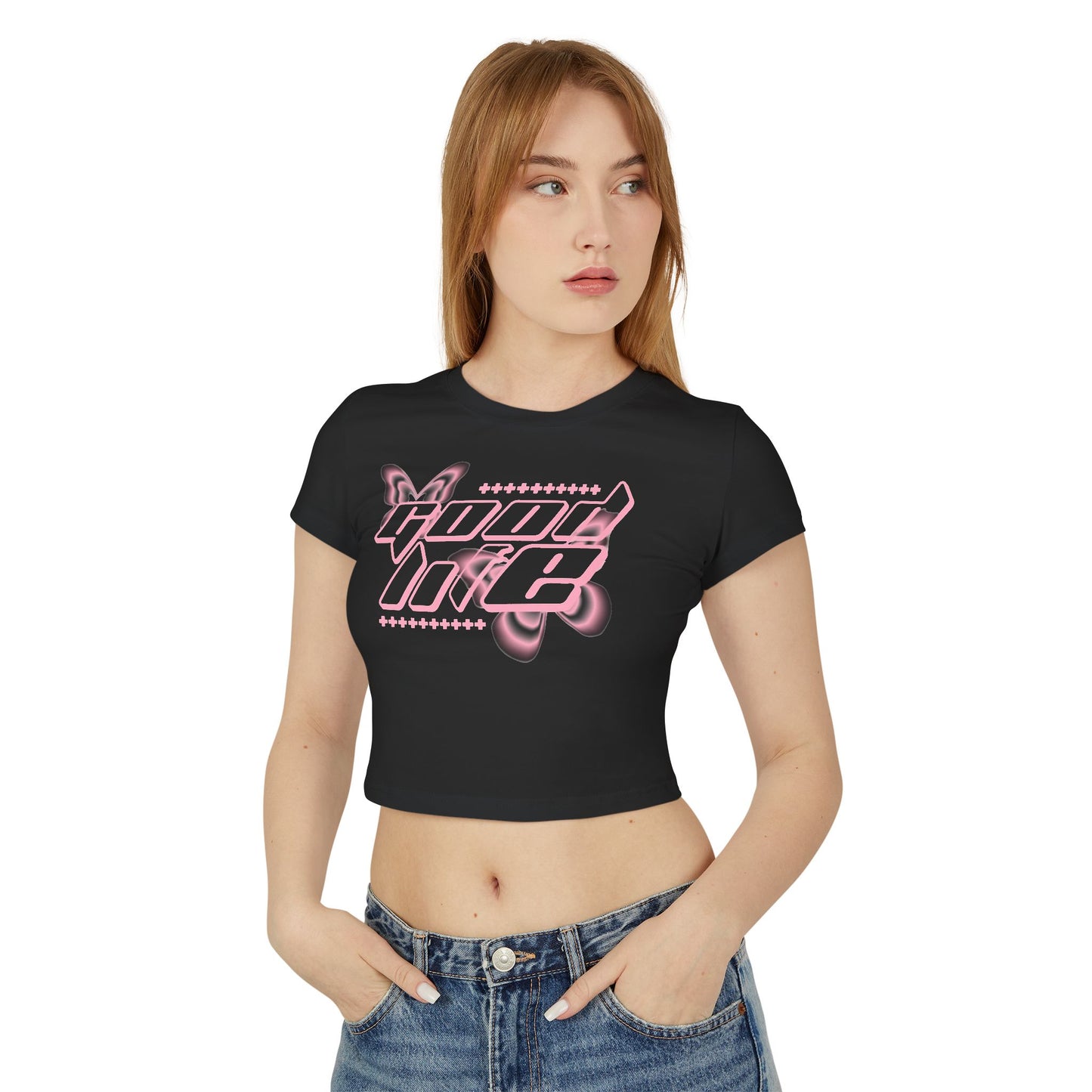 Trendy Women's Baby Tee with Pink Butterfly Design, Cute Summer Top, Casual Tee, Gift for Her, Streetwear Outfit